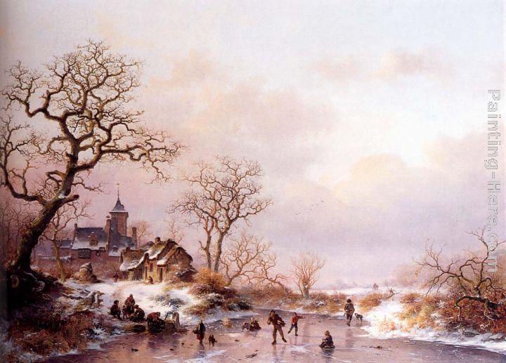 Frederik Marianus Kruseman Winter townsfolk skating on a frozen waterway near a fortified mansion at dusk